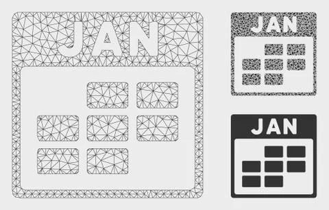 January Calendar Grid Vector Mesh Network Model and Triangle Mosaic Icon Stock Illustration