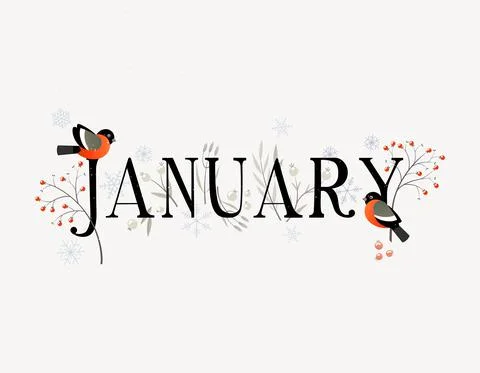 January with decorations,branches and birds Иллюстрация