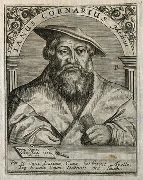 Janus Cornarius. Line engraving by T. de Bry. Stock Illustration