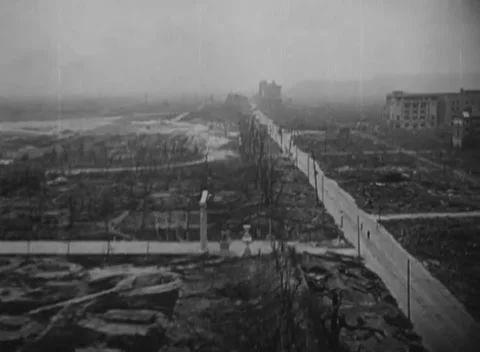 JAPAN - 1945: Empty roadside corridor - Shells line a cleared Hiroshima road Video stock 344509561