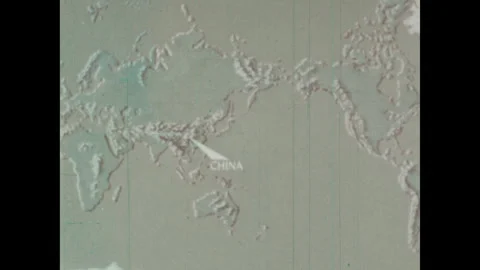 Japan 1960s: Map of the world. Pointer to China. Line from China to England. Stock Footage 332085287