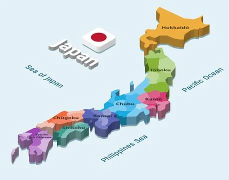 Japan 3d (isometric) map colored by regions on light blue background Stock Illustration