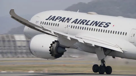 Japan Airlines Boeing 787 Passenger Airplane Close Up Takeoff, Osaka Airport Stock Footage 238421392