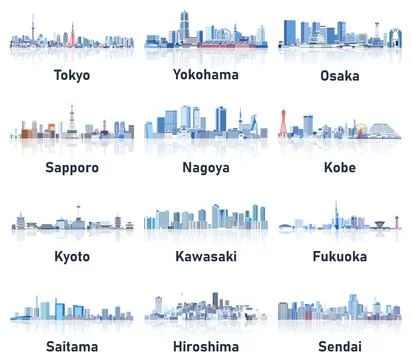 Japan cities skylines in soft cold tones color palette vector set Stock Illustration