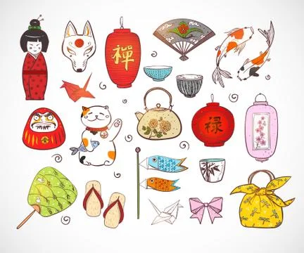 Japan colored doodle sketch elements. Symbols of Japan. Illustrazione stock