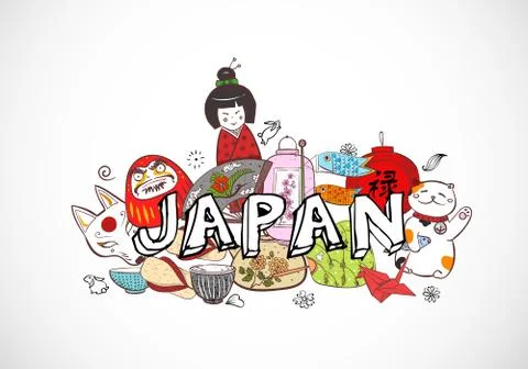 Japan colored doodle sketch elements background on white. Symbols of Japan. C Stock Illustration
