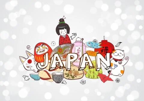 Japan colored doodle sketch elements background on white. Symbols of Japan. C Illustrazione stock