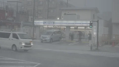 Japan Convenience Store in Rain Stock Footage 250144560