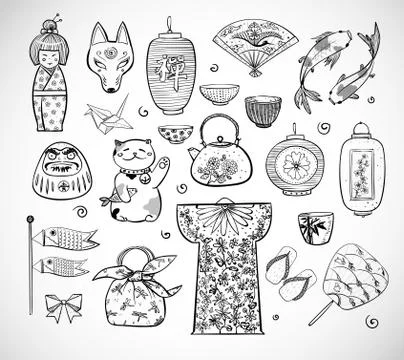Japan doodle sketch elements on white background Stock Illustration