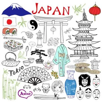 Japan doodles elements. Hand drawn set with Fujiyama mountain, Shinto gate, J Stock Illustration
