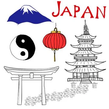 Japan doodles elements. Hand drawn set with Fujiyama mountain, Shinto gate, J Stock Illustration