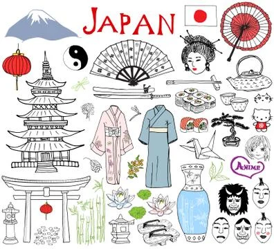 Japan doodles elements. Hand drawn sketch set with Fujiyama mountain, Shinto  Illustrazione stock