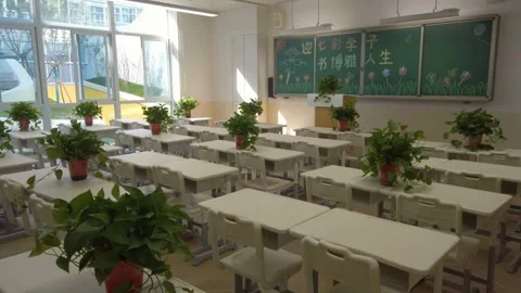 Japan Empty classroom with desks, table and chairs to sit for a lesson in m.. Stock Footage 256721007