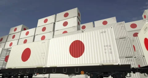 Japan export containers on cargo train wagons loop Stock Footage 304832318