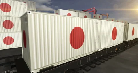Japan export containers on cargo train wagons loop Stock Footage 304832896