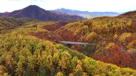 Japan Fall Season Mountain Road and Bridge in Fukushima 4K Stock Footage 329054306