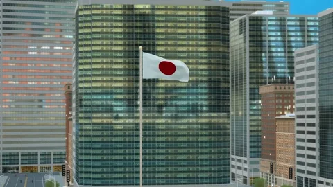 Japan Flag 3D Render Animation on Pole with Modern Business District Buildin Video stock 332880753