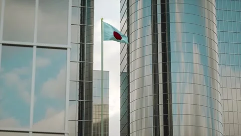 Japan Flag 3D Render Animation on Pole with City Buildings Stock-Footage 332884893