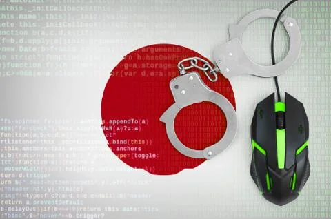 Japan flag  and handcuffed computer mouse. Combating computer crime, hackers  Stock-Fotos