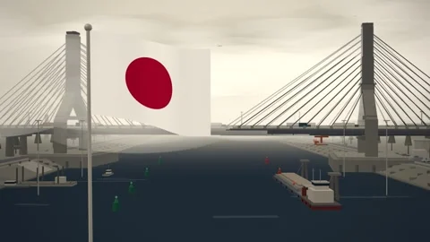 Japan Flag Flying Over Cable Stayed Bridge River seamless loop Stock Footage 345373715