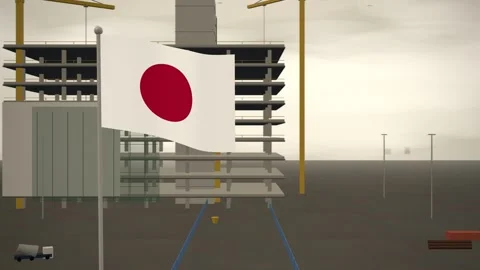 Japan Flag Flying Over Construction Site Tower Cranes seamless loop Stock Footage 344701401