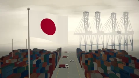 Japan Flag Flying Over A Container Port Terminal In Morning Haze Stock Footage 344474601