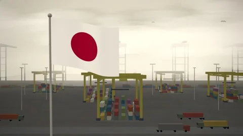 Japan Flag Flying Over Container Terminal Stacking Yard seamless loop Stock-Footage 344781982