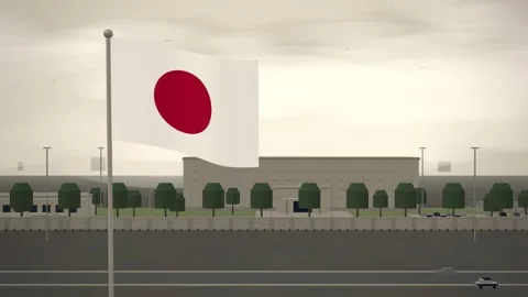 Japan Flag Flying Over Embassy Compound Perimeter Wall seamless loop Stock Footage 345134868