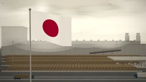Japan Flag Flying Over Paper Mill Log Yard seamless loop Stock Footage 345380180