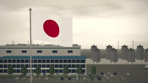 Japan Flag Flying Over Pharmaceutical Plant Tank Farm seamless loop Vídeos de archivo 344784097