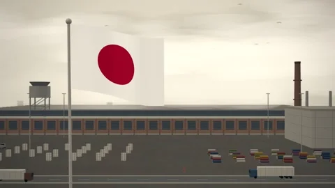 Japan Flag Flying Over Textile Mill Weaving Shed seamless loop 스톡 동영상 345855397