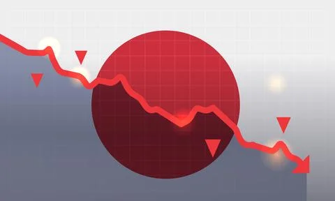 Japan flag trade war tariffs war economic decline red downward graph chart arrow Stock Illustration