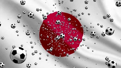 Japan Flag Waving Background with Spinning Soccer Balls Loop Video stock 335679816
