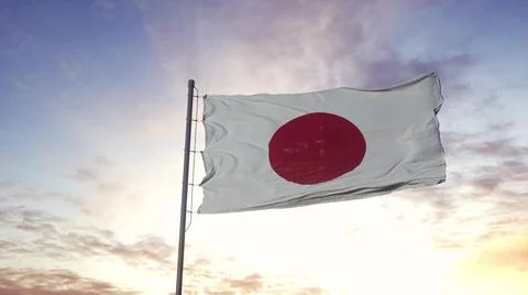 Japan flag waving in the wind, dramatic sky background. 3d illustration 스톡 일러스트
