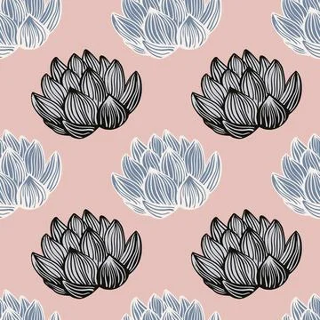 Japan flora nature seamless pattern with contoured lotus flower ornament. Pas Stock Illustration
