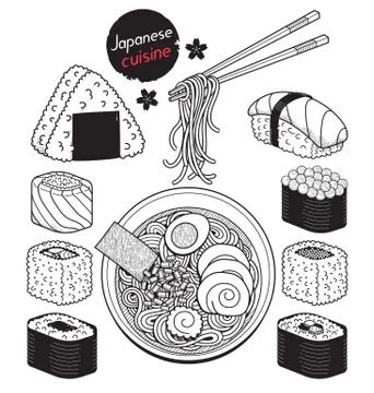 Japan food doodle elements hand drawn style. Vector Illustrations. Ilustração Stock