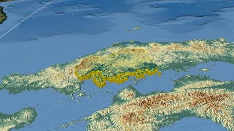 Japan - Hiroshima extruded on physical map Illustrazione stock