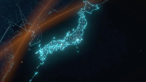 Japan Illuminated Network Map From Satellite View With Glowing City Lights Stockbeeldmateriaal 343402513