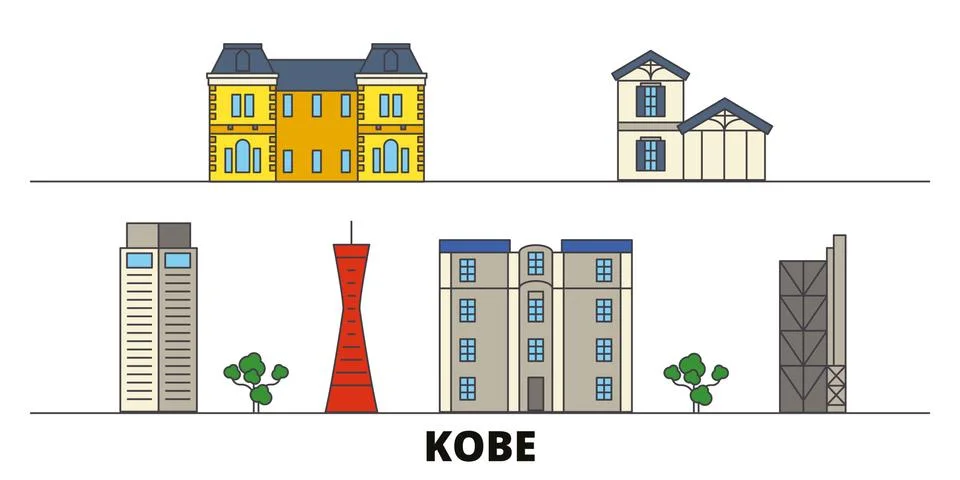 Japan, Kobe flat landmarks vector illustration. Japan, Kobe line city with Stock Illustration