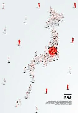 Japan Map and Flag. A large group of people in Japanese flag color. Stock Illustration