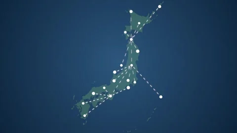 Japan Map with Connected Straight Lines Representing Global Signal Transmission Видео 345295425