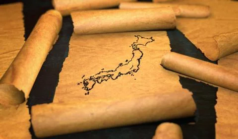 Japan Map Drawing Unfolding Old Paper Scroll 3D Illustrazione stock