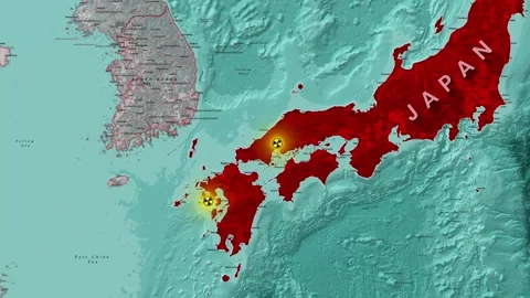 Japan map highlighting nuclear danger zones Stock Footage 334695376