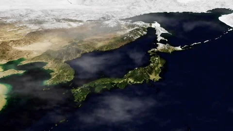 Japan Map Hyperlapse in 3D CGI with High Relief Mountains &amp; Foggy Atmosphere Видео 123678404