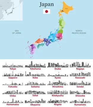 Japan map with main cities on it. Japanese cities skylines illustrations Stock Illustration