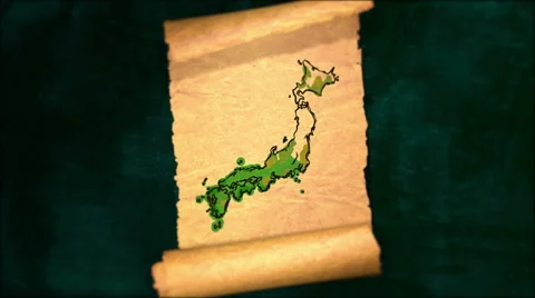 Japan Map Painting Unfolding Old Paper Scroll 3D 4K Stock Footage 59010447