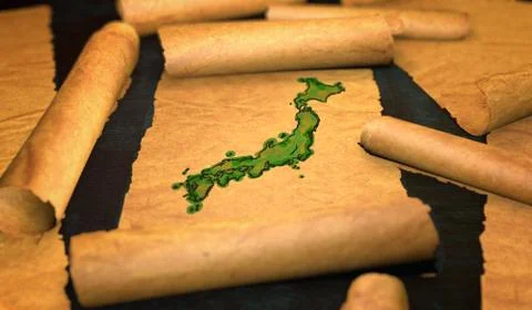 Japan Map Painting Unfolding Old Paper Scroll 3D Illustrazione stock