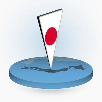 Japan map in round isometric style with triangular 3D flag of Japan Stock Illustration