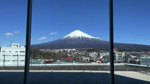 Japan Mount Fuji Snow Cap Scenery from Floor to Ceiling Window Stock Footage 343033567