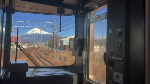 Japan Mount Fuji View from Moving Train Window Stock Footage 343405509